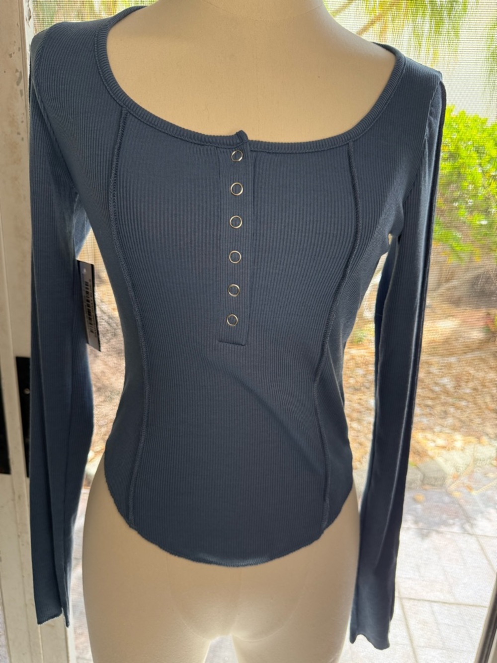 Double Zero Ribbed Long-Sleeve Scoop Henley Top in Slate Blue